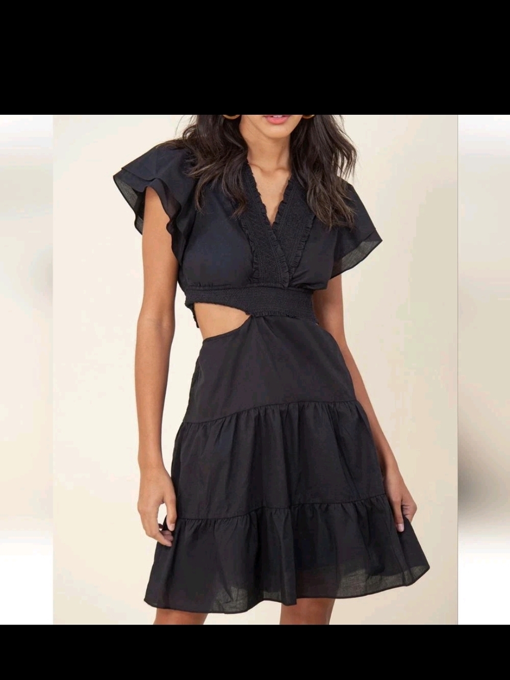 Hale Bob 100% Cotton Black Cutout Tiered Mini Dress with Flutter Sleeves